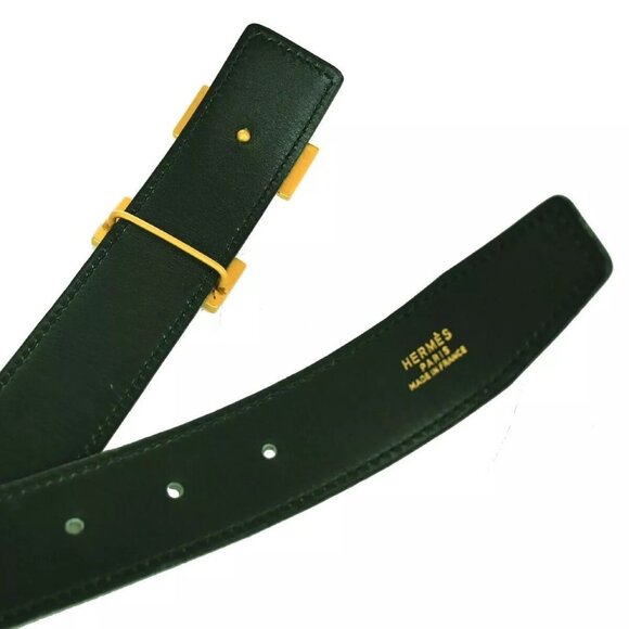 HERMES H Logo Constance Reversible Buckle Belt Leather #70 Black Green 35RH307 - Picture 11 of 12